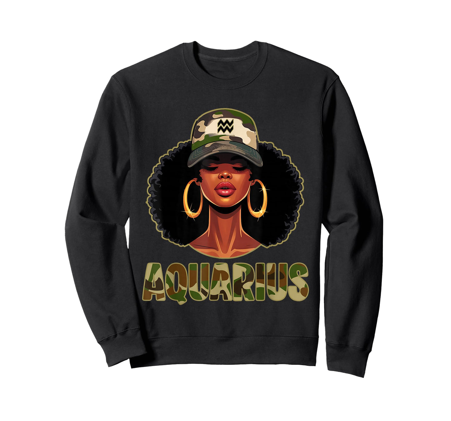 Aquarius Queen Black Woman with Cap Camo Afro Girl Zodiac T-Shirt