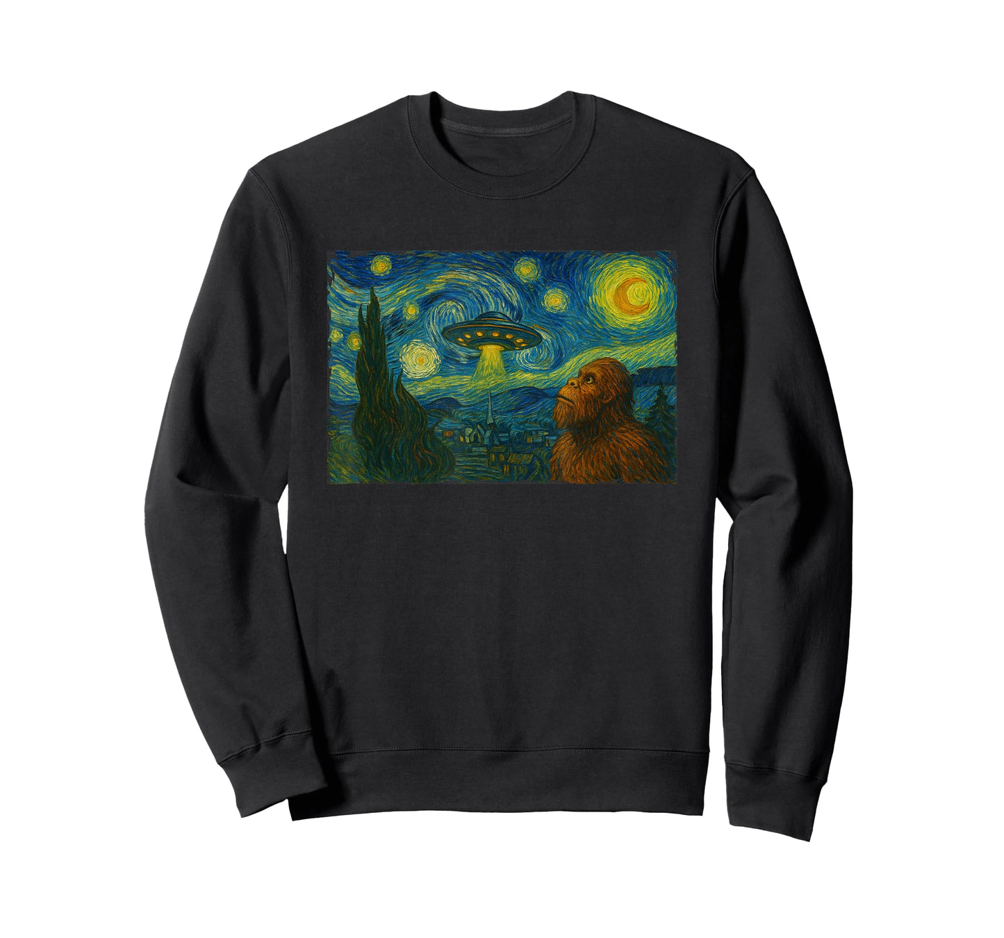 Starry Night UFO Bigfoot Funny Sci-Fi Van Gogh Painting T-Shirt
