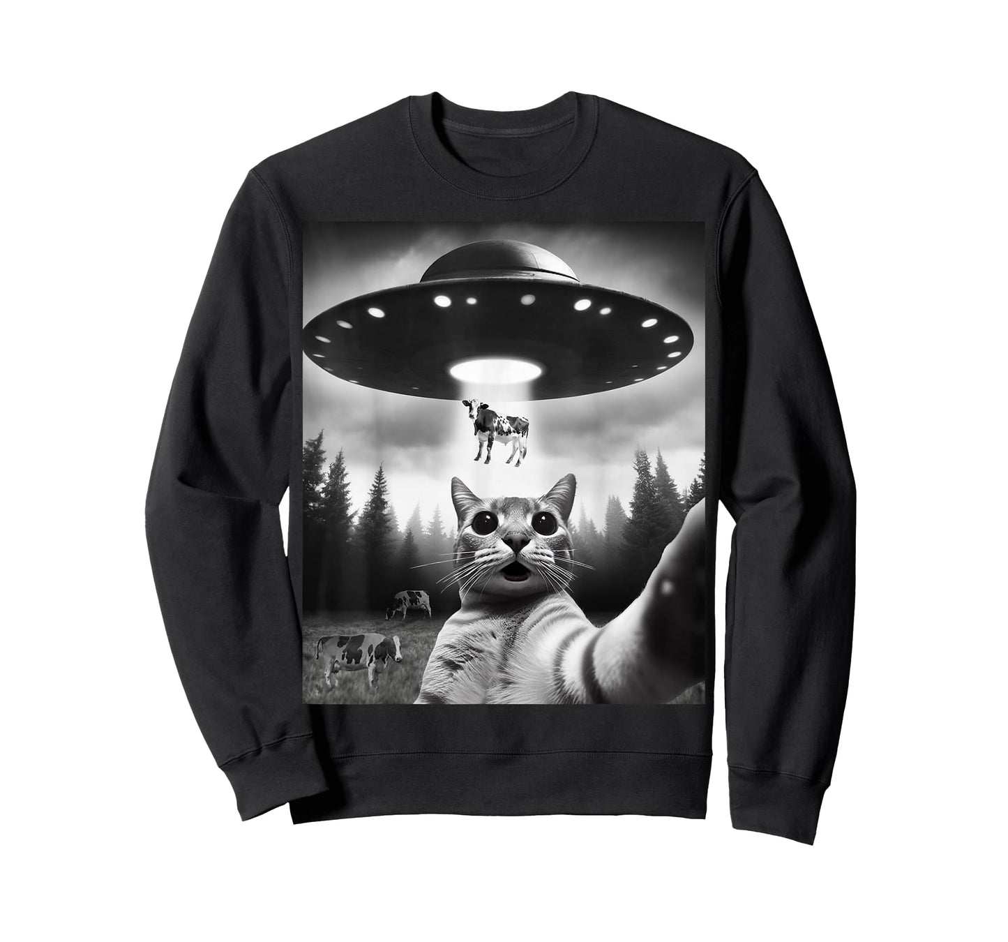 Funny Cat Selfie Flying Alien UFO Abducting Cow Cryptid Men Women Girls Kids T-Shirt