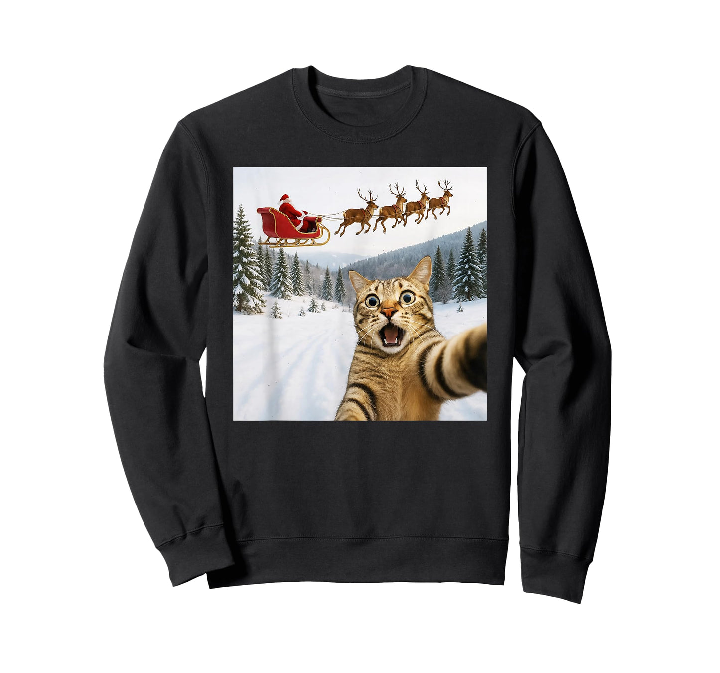 Funny Cat Selfie with Santa Sleigh Reindeer Xmas Christmas T-Shirt