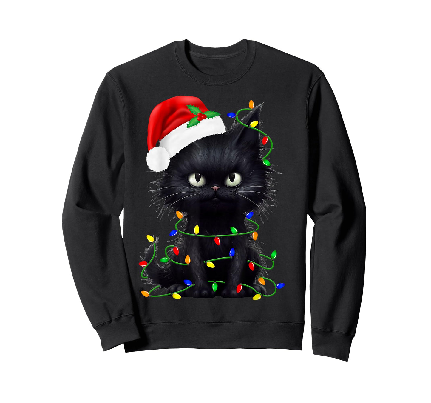 Retro Black Cat Christmas Light Funny Cat Men Women Kids T-Shirt