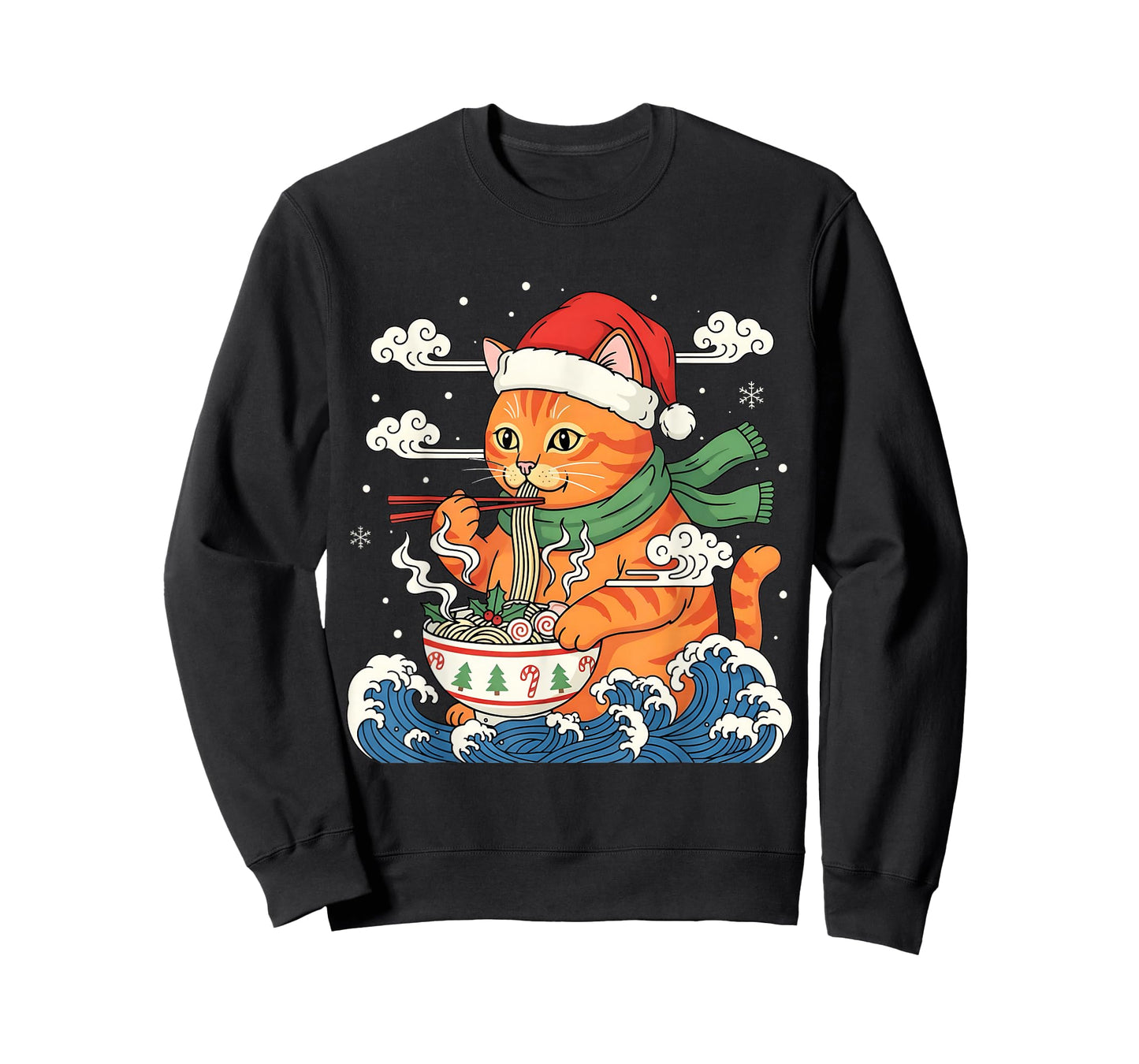 Funny Christmas Ramen Cat Eating Noodles Japanese Kawaii Cat T-Shirt