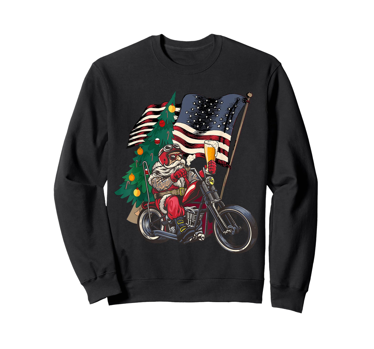 Santa Riding Motorcycle on Christmas - Biker US Flag T-Shirt