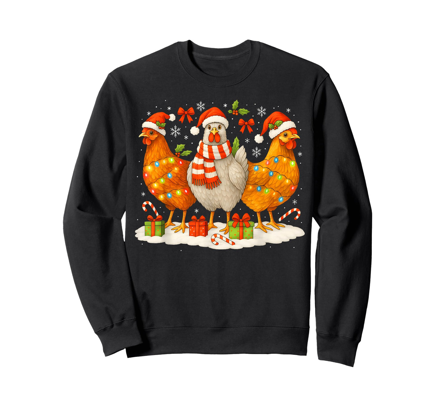 Chicken Christmas Lights Santa Hats Reindeer Funny Holiday T-Shirt