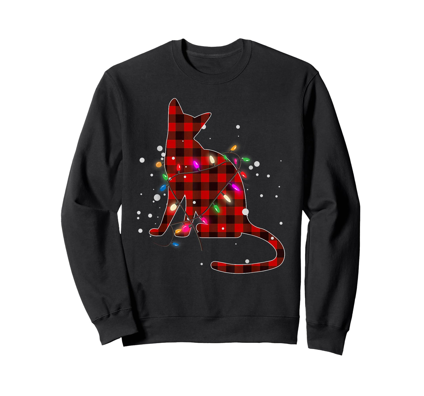 Red Buffalo Plaid Cat Christmas Pajamas Xmas Tree Lights T-Shirt