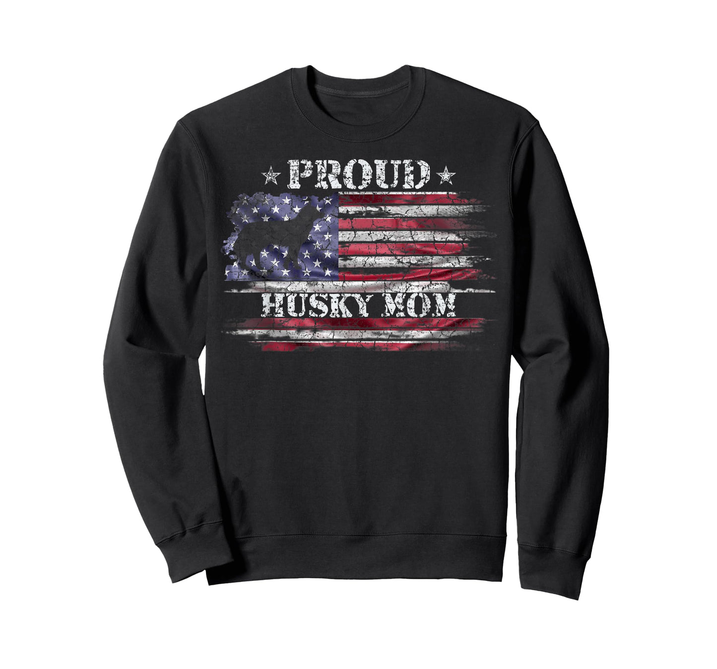 Vintage American Flag Proud Siberian Husky Mom Silhouette Women Kids Men T-Shirt