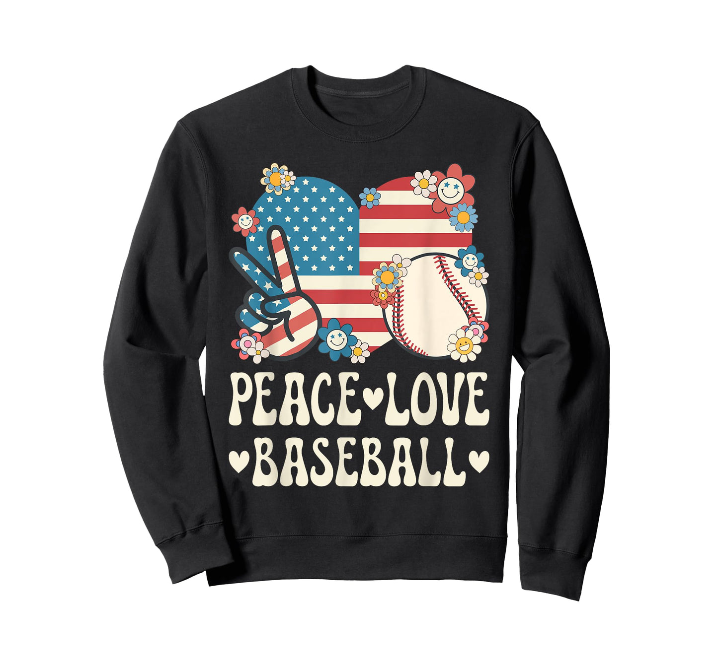 Peace Love Baseball Lover American Flag Patriotic Baseball T-Shirt