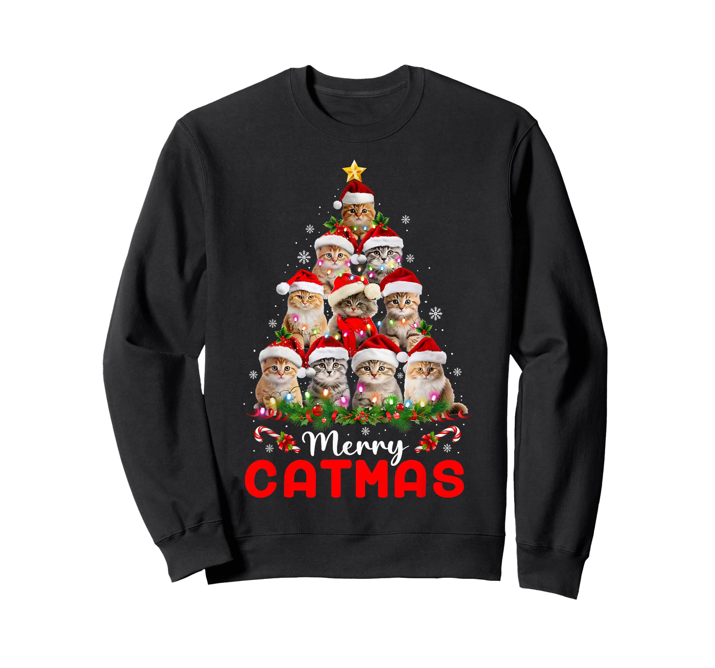 Meowy Catmas Cat Christmas Tree Lights Funny Xmas Pajamas T-Shirt
