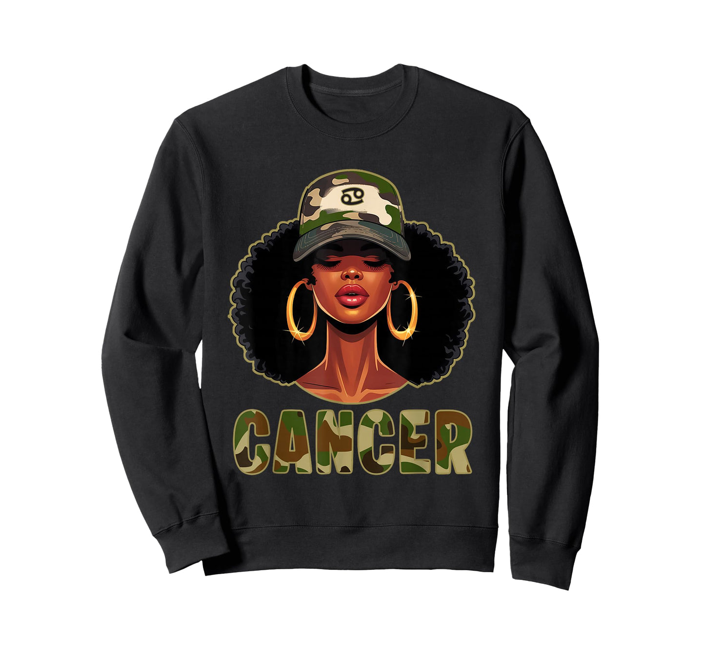 Cancer Queen Black Woman with Cap Camo Afro Girl Zodiac T-Shirt