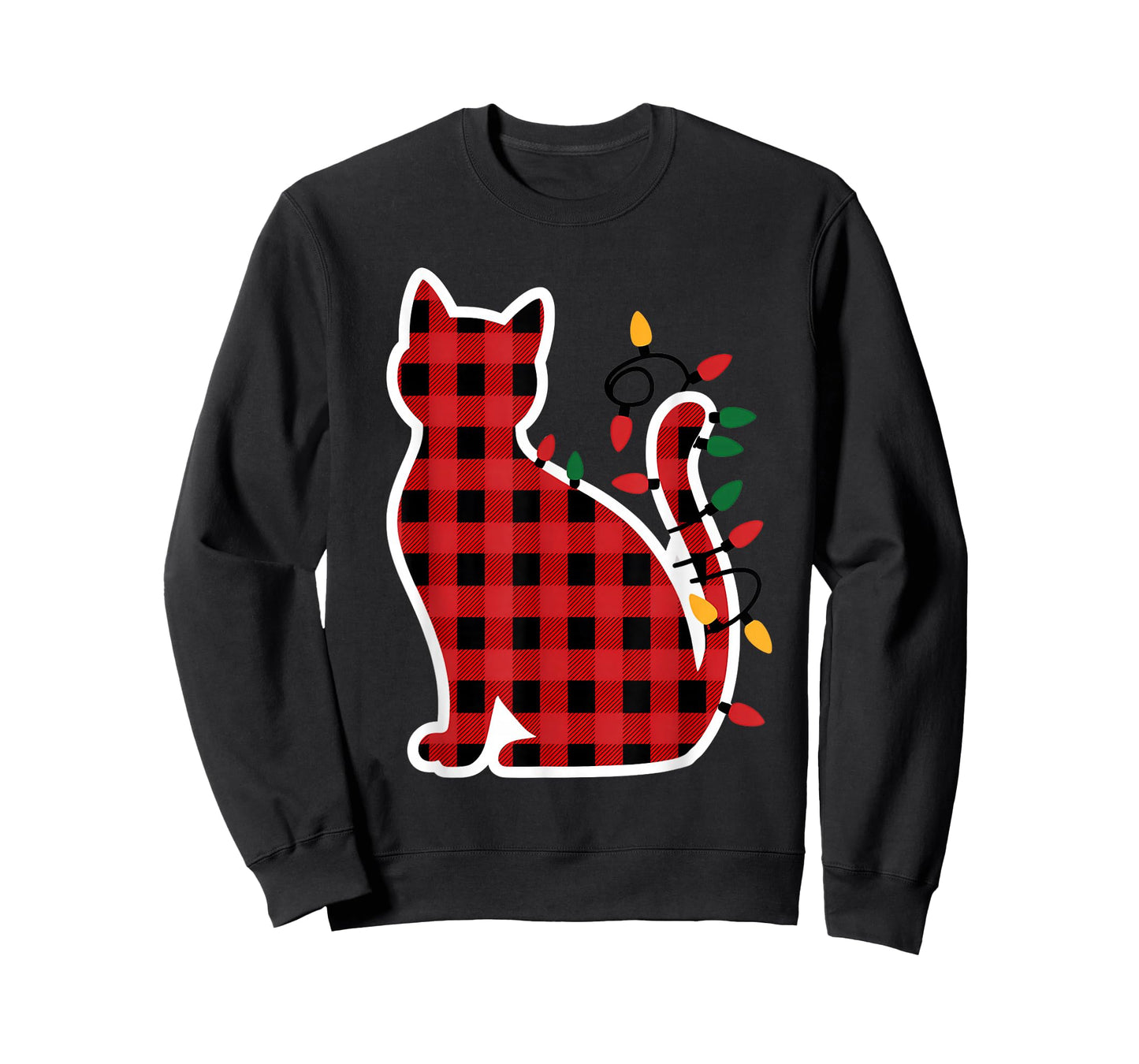 Red and Black Buffalo Plaid Cat Christmas Lights Men Women T-Shirt