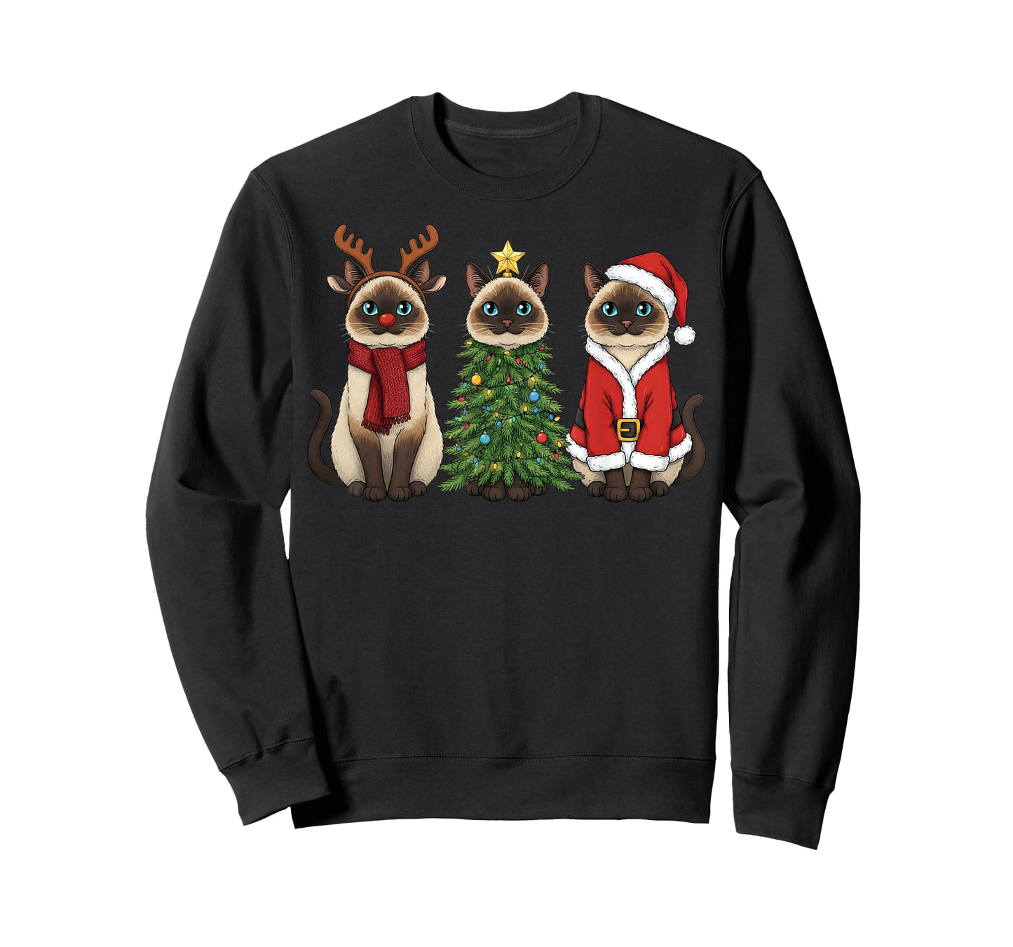 Retro Christmas Siamese Cat Santa Reindeer T-Shirt