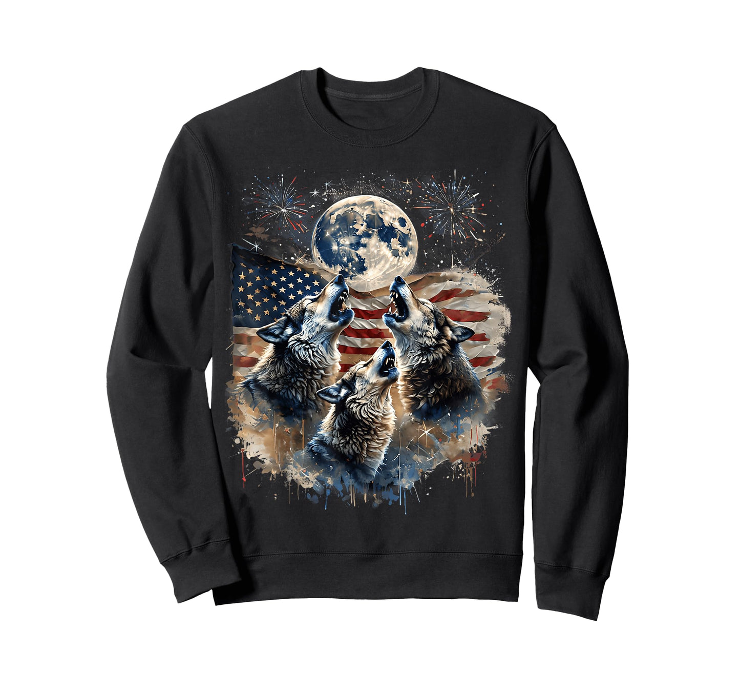 Wolf 4th of July Howling Wolves Under Moon American Flag T-Shirt