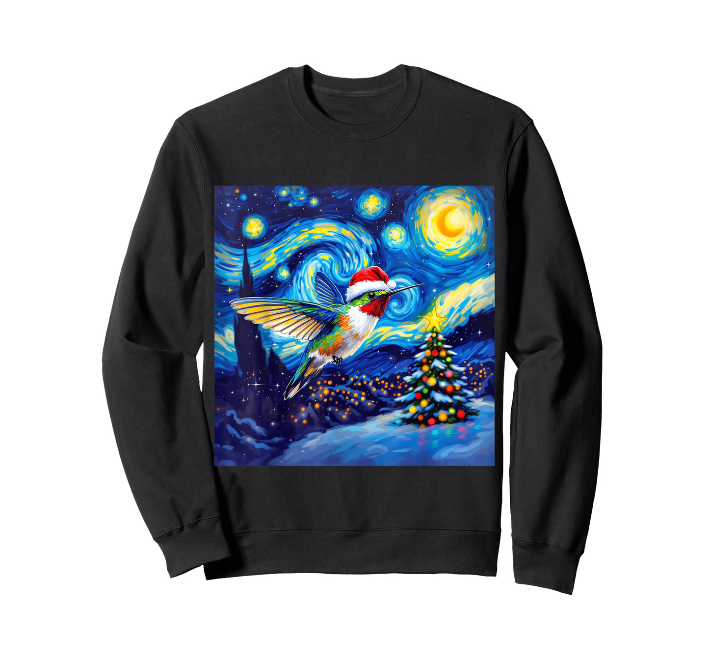 Christmas Hummingbird Santa Hat Van Gogh Starry Night T-Shirt