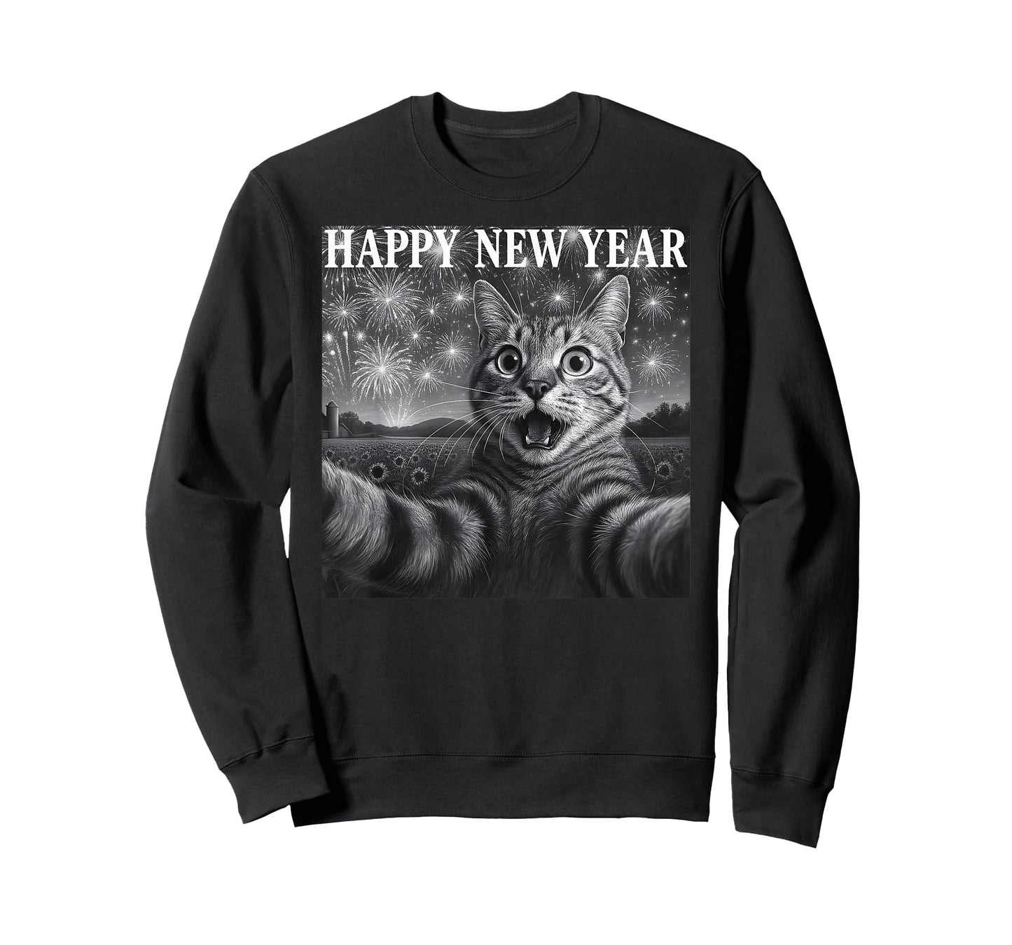 Cat Selfie with Firework Funny Cat Happy New Year Men Women T-Shirt
