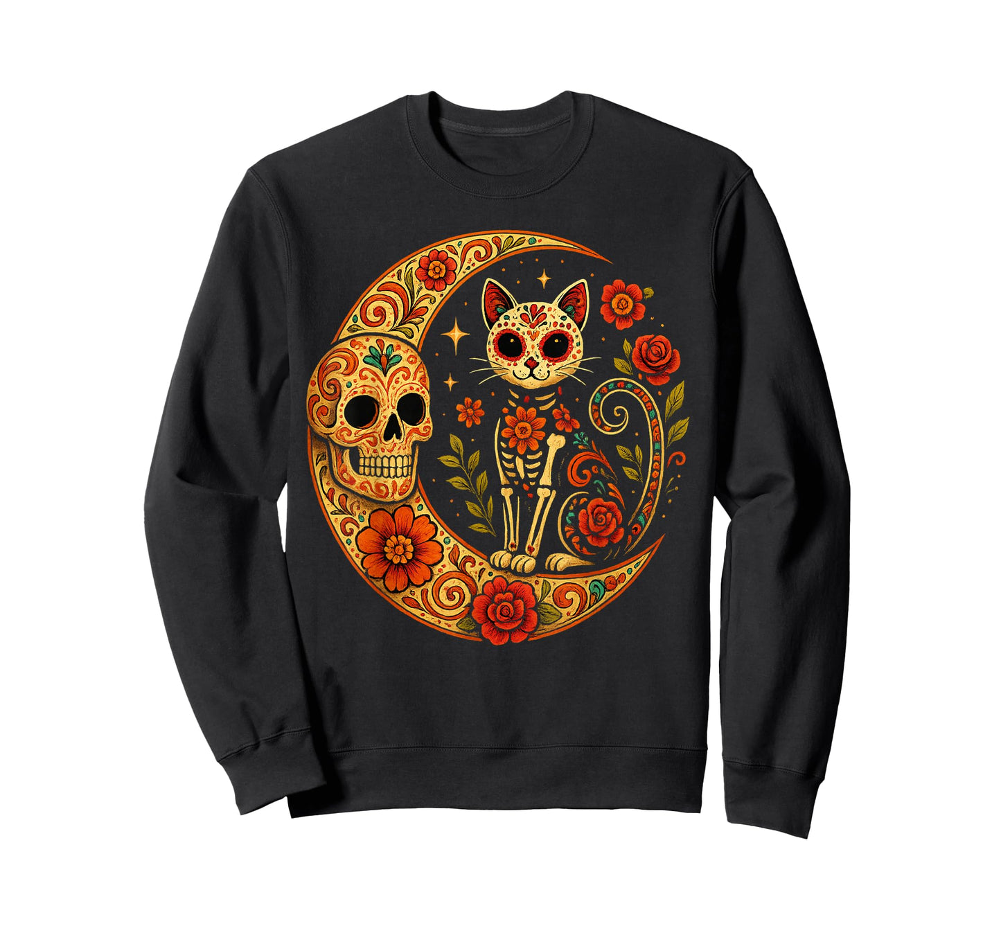 Sugar Skull Cat Moon Dia de Los Muertos Funny Halloween Cat T-Shirt