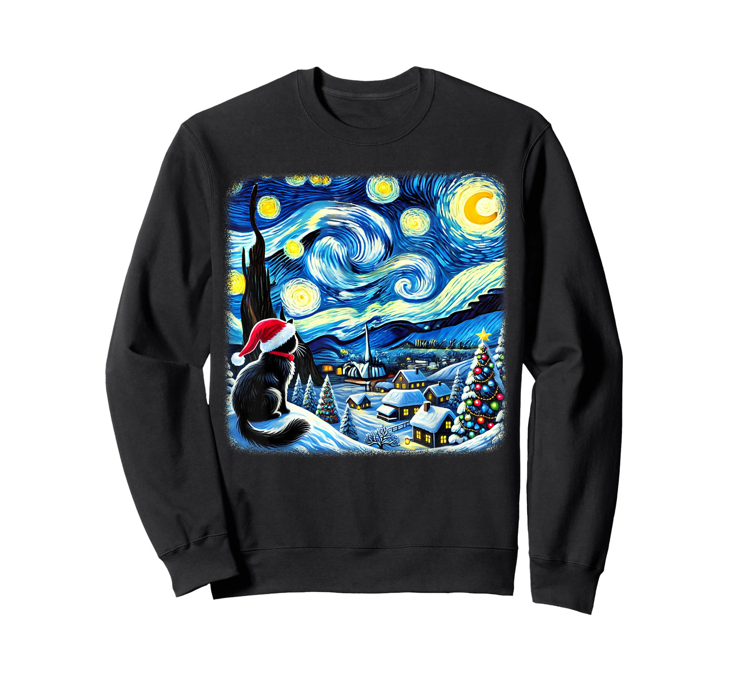 Christmas Van Gogh Starry Night Black Cat Santa Hat Xmas T-Shirt for Men Women Kids