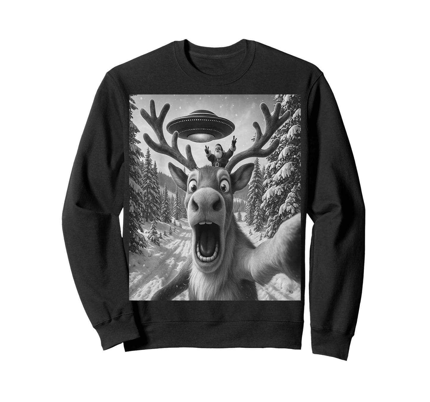 Reindeer Selfie with Alien UFO Funny Cat for Men Women Kid T-Shirt