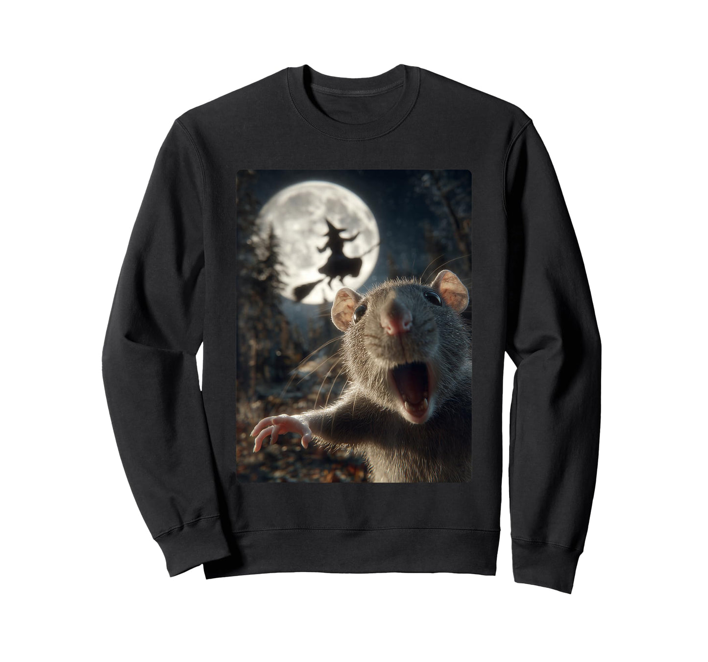 Funny Rat Selfie Full Moon Flying Witch Forest Halloween T-Shirt