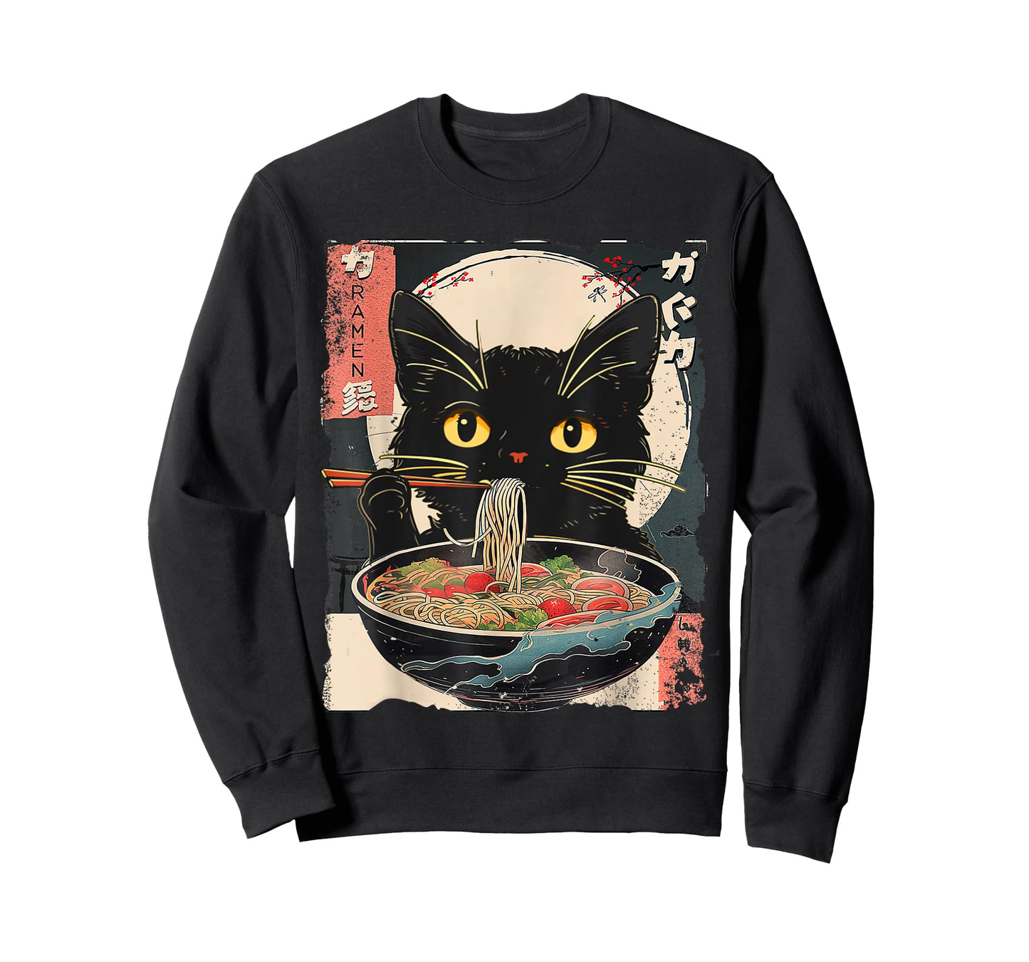 Kawaii Cat Ramen Noodles Anime Gifts Funny Cat Eating Ramen Vintage Japanese Noodles Unisex-Adult T-Shirt, Black, Small, Short Sleeve, T-Shirt, All Seasons