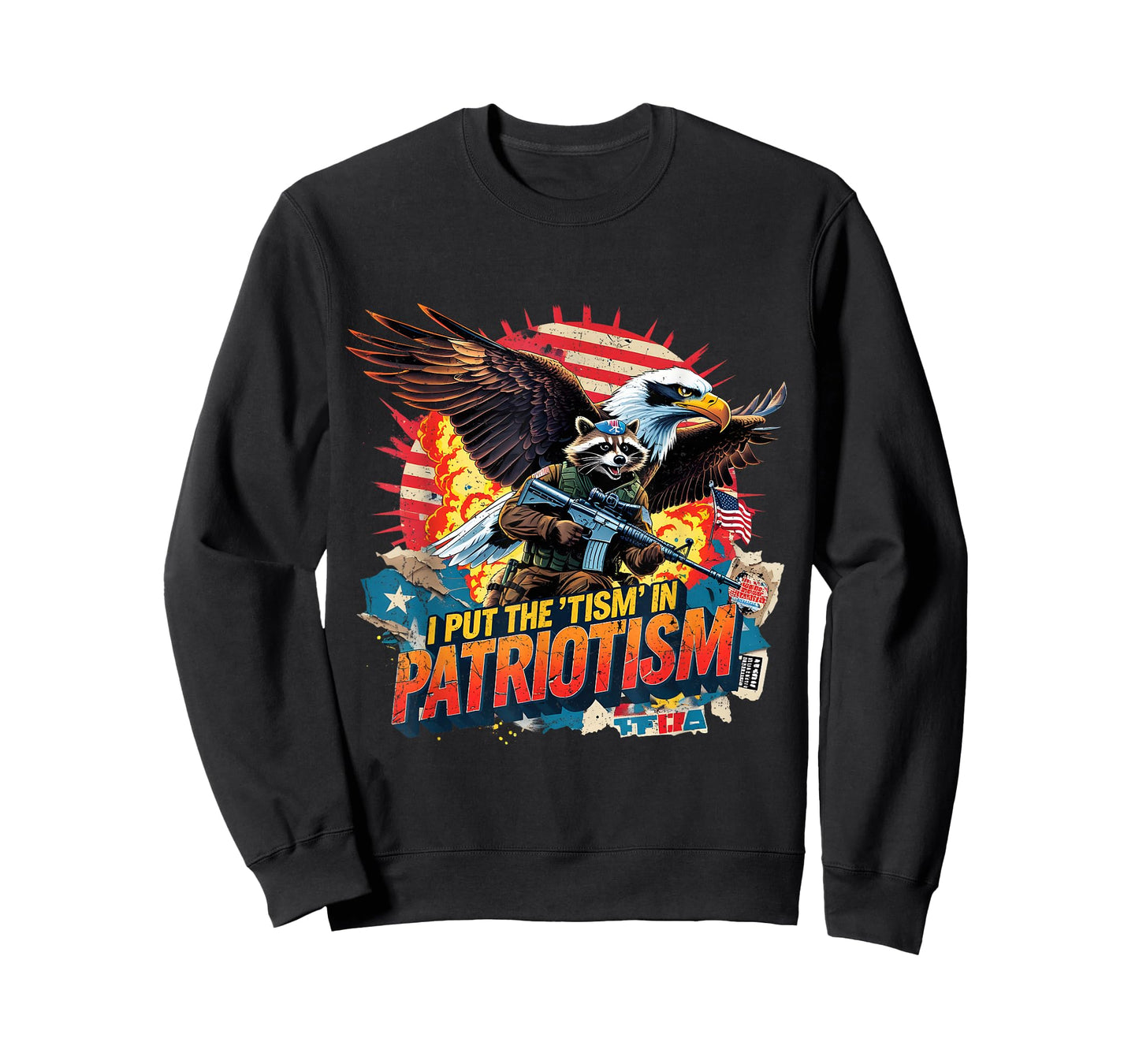 I Put The Tism in Patriotism Funny USA Patriotic Raccoon T-Shirt