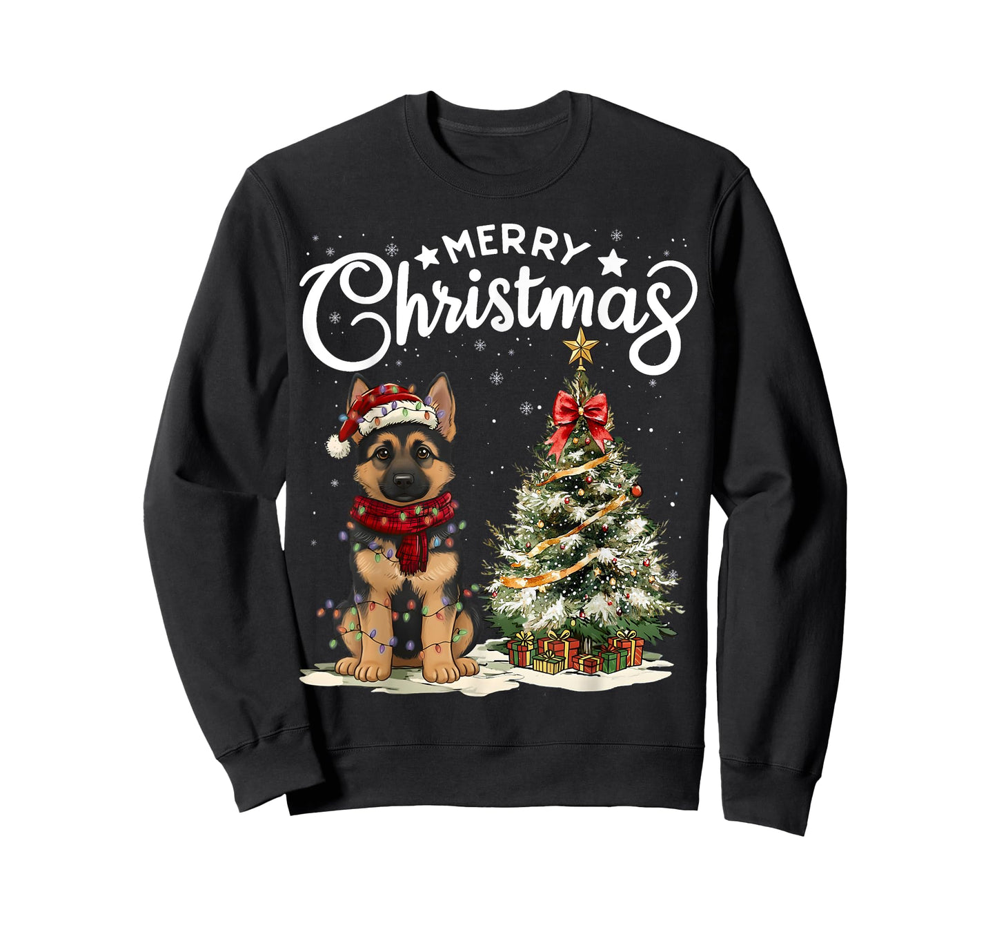 German Shepherd Merry Christmas Dog Santa Hat Tree Lights T-Shirt