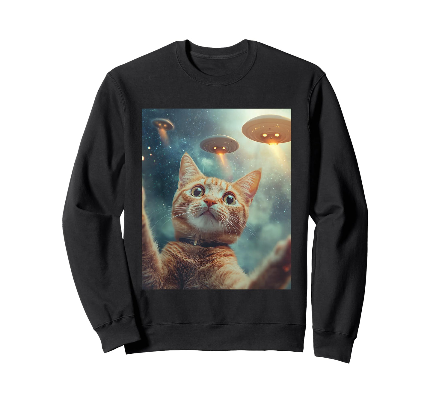 Cat Selfie with UFOs Aliens Kitten Funny Graphic T-Shirt