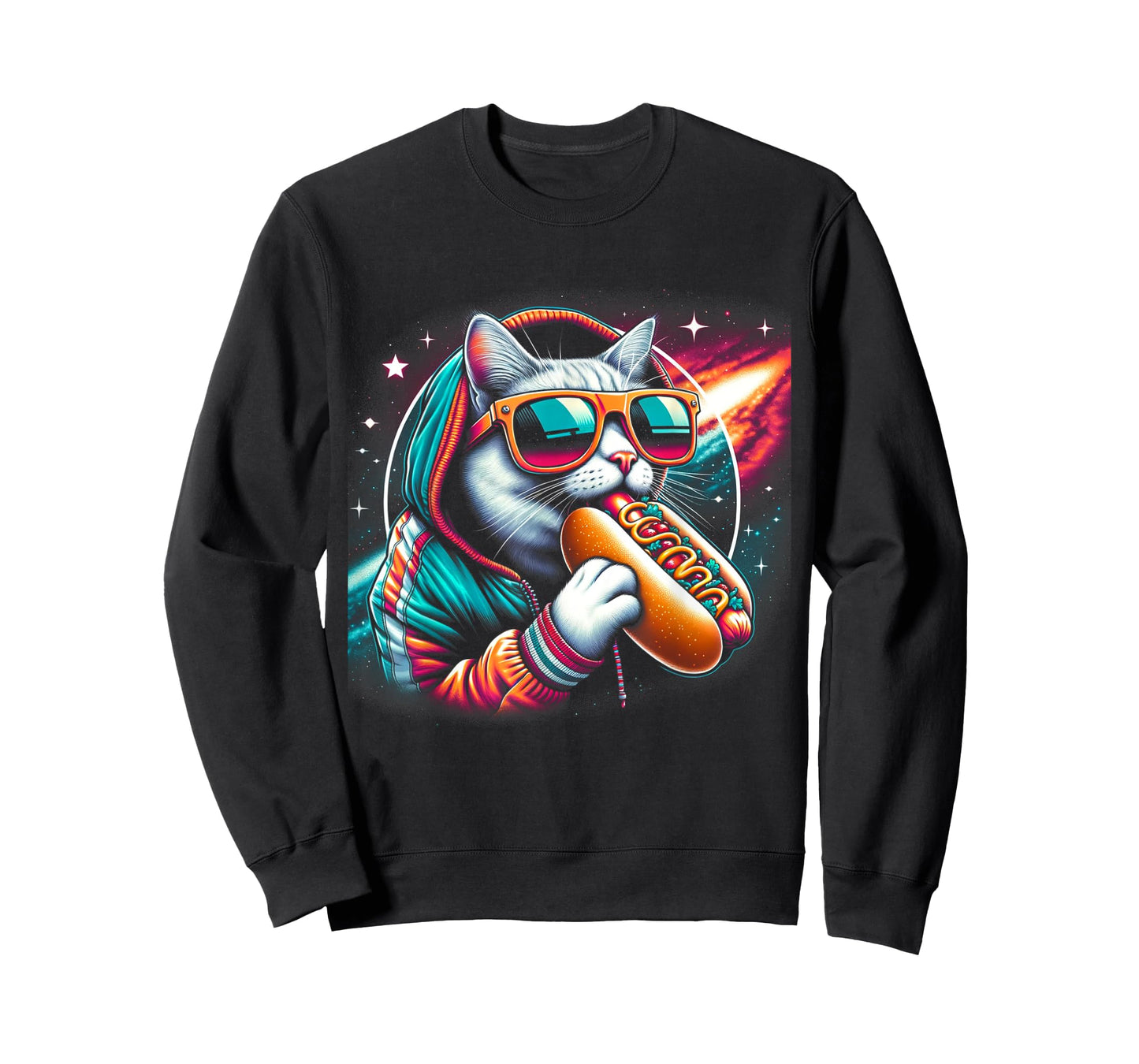 Funny Cat eating Hotdog in space kitty Space Galaxy Men Women Kids T-Shirt