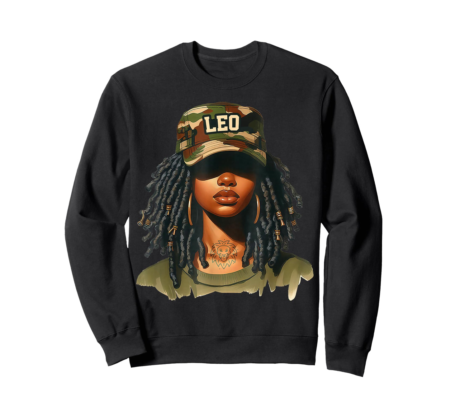 Leo Queen Black Girl with Cap Camo Afro Woman Zodiac T-Shirt