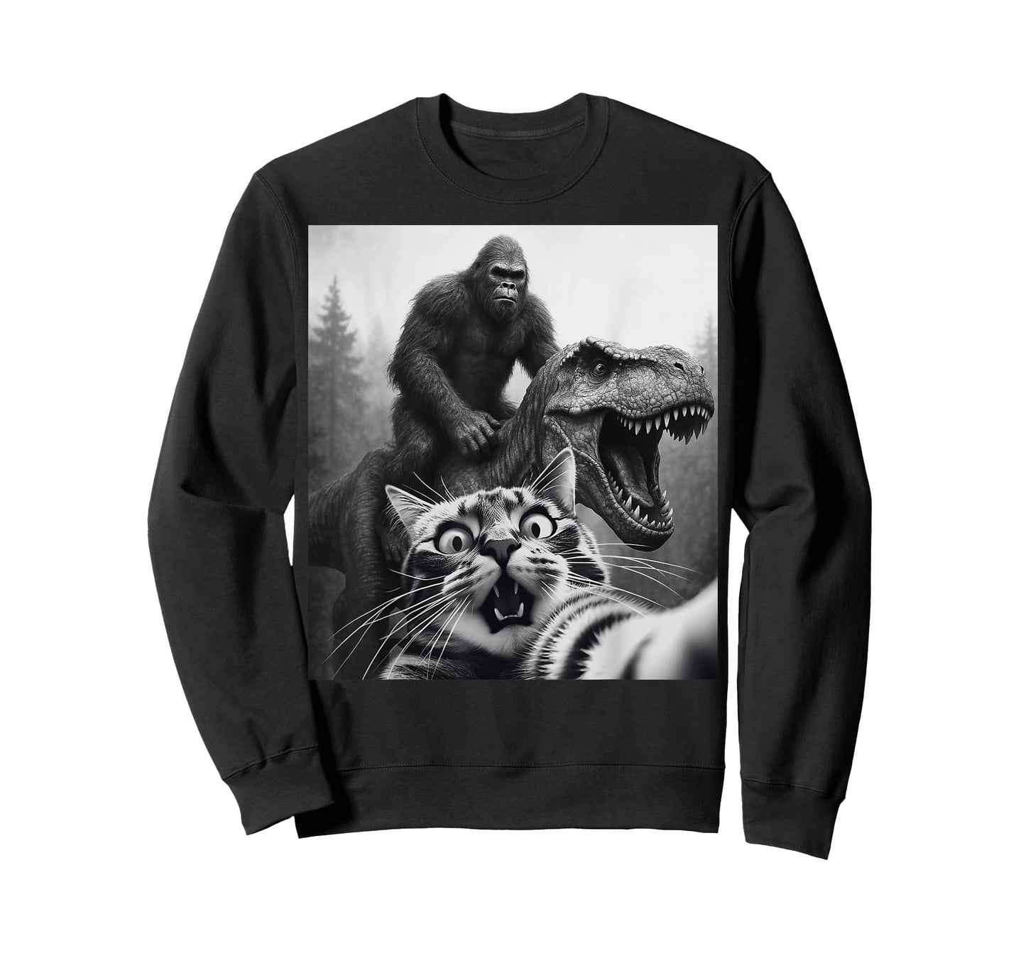 Funny Cat Selfie with Bigfoot Riding Dinosaur T-rex T-Shirt