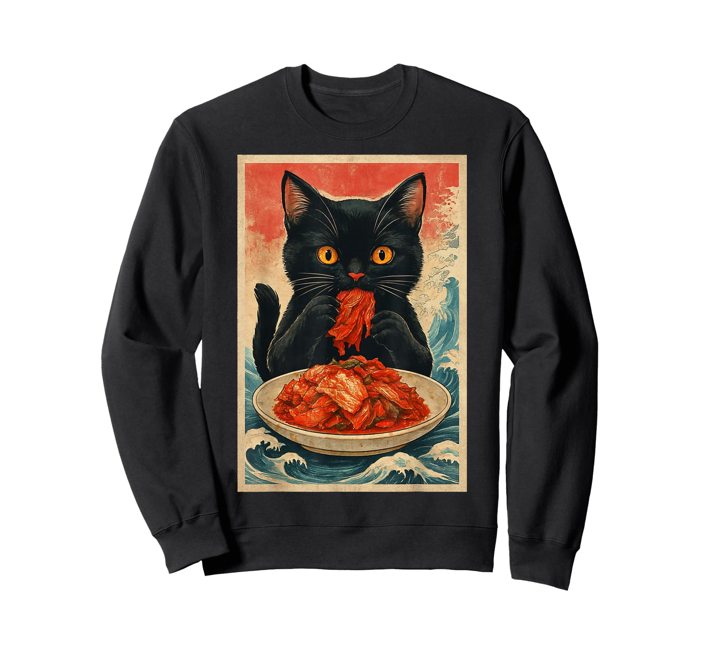 Funny Black Cat Eating Kimchi Retro Japanese T-Shirt
