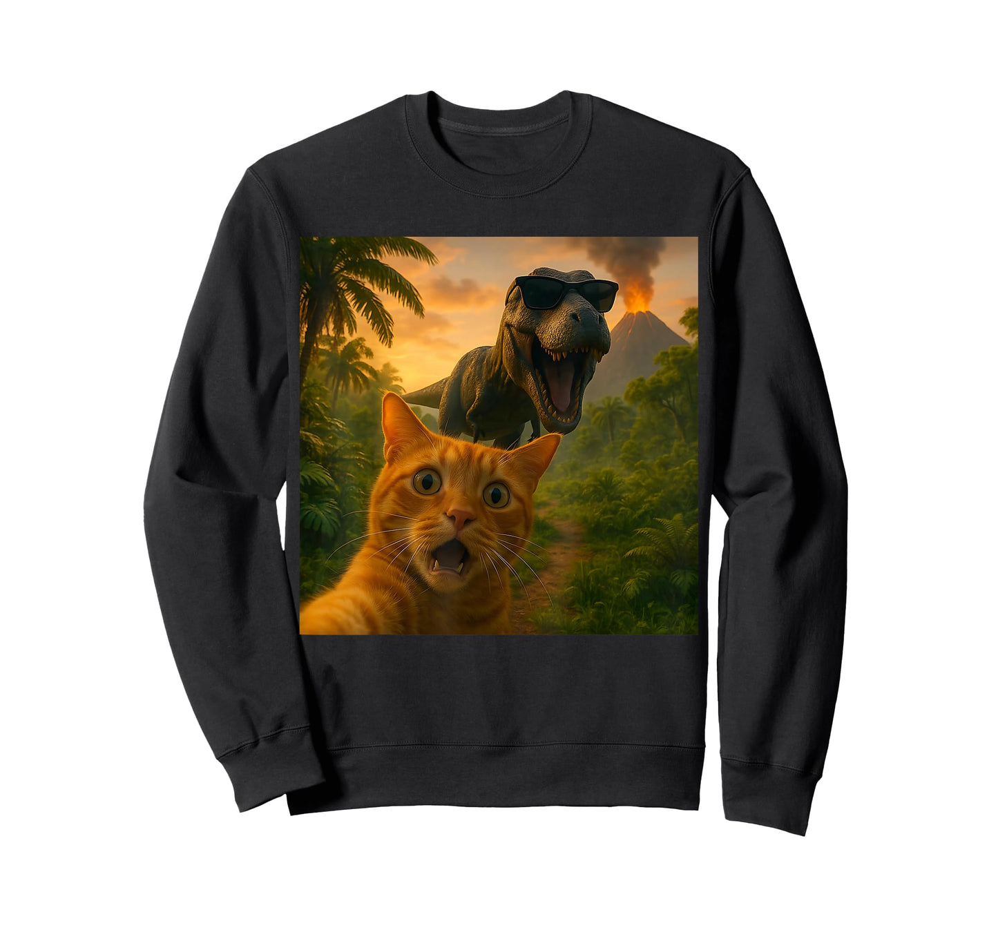 Cat Selfie with Dinosaur Funny Graphic T-Shirt