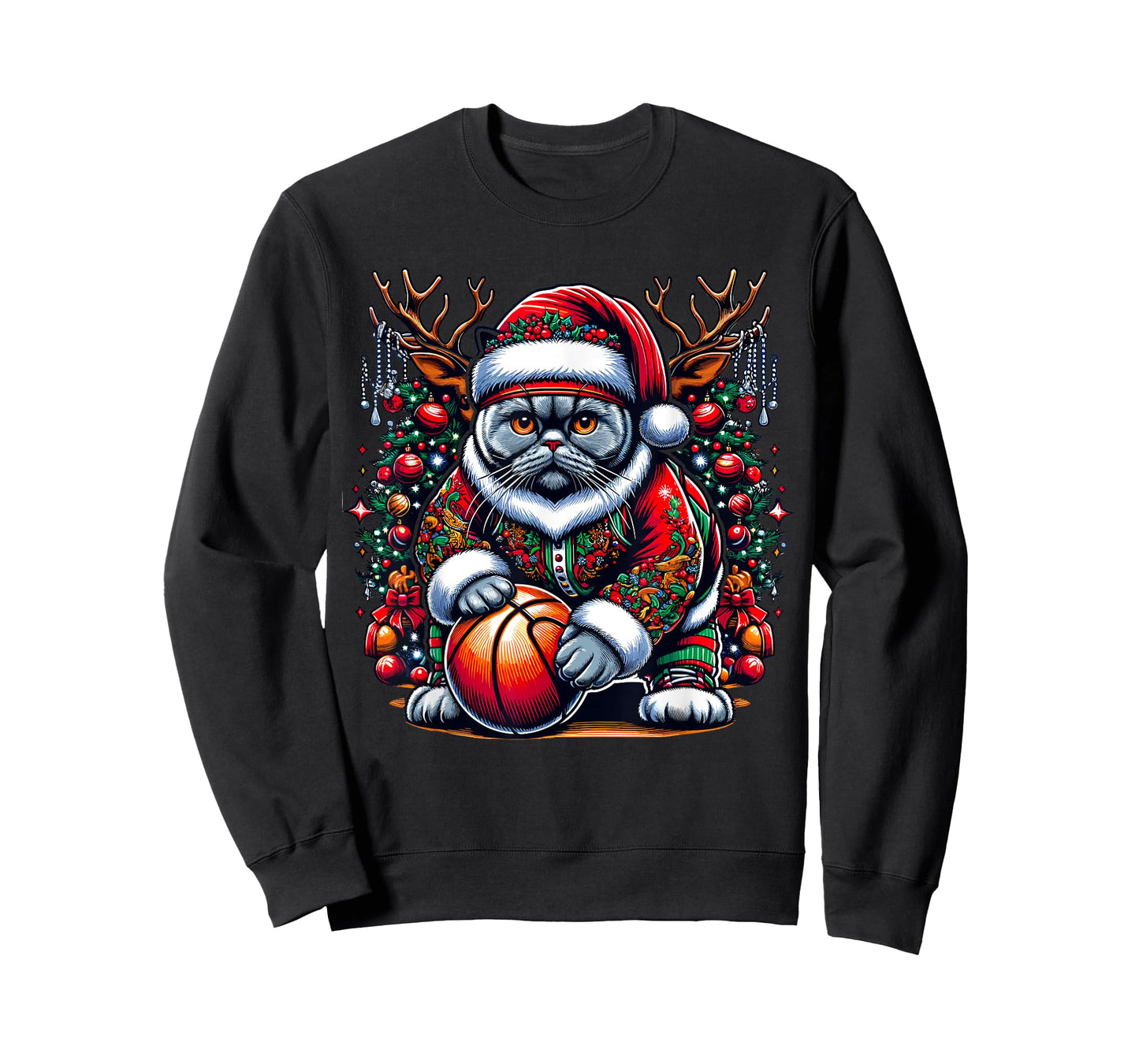 Funny Santa British Shorthair Cat Play Basketball Christmas T-Shirt