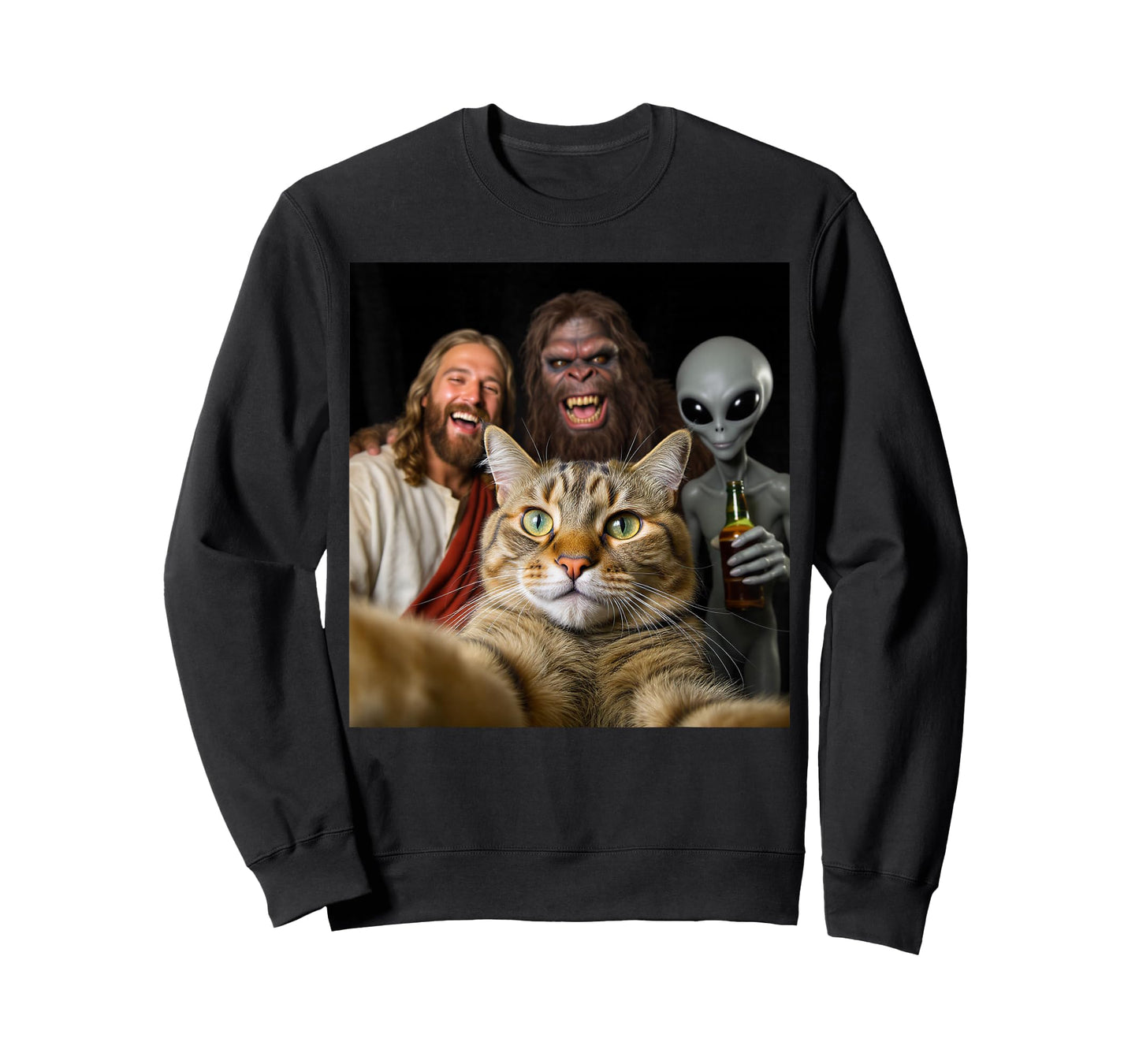 Funny Christmas Cat Selfie Bigfoot an Alien & Jesus Meme T-Shirt