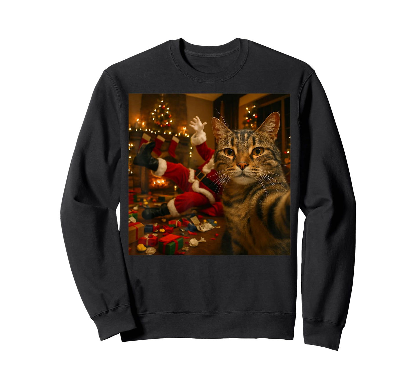 Funny Cat Selfie with Santa Claus Christmas Meme T-Shirt