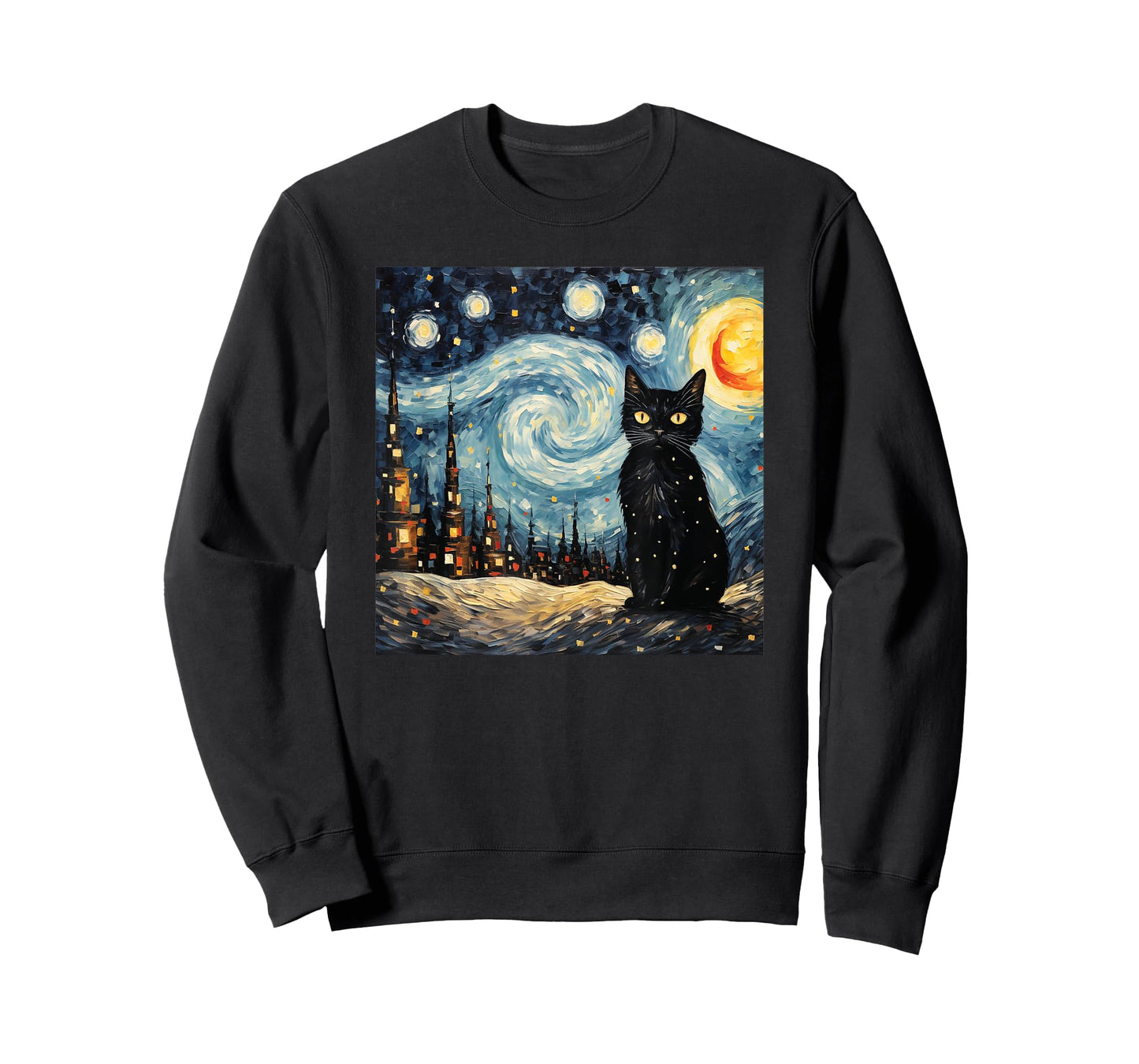 black cat Painting art Starry Night kitty kitten Van Gogh T-Shirt