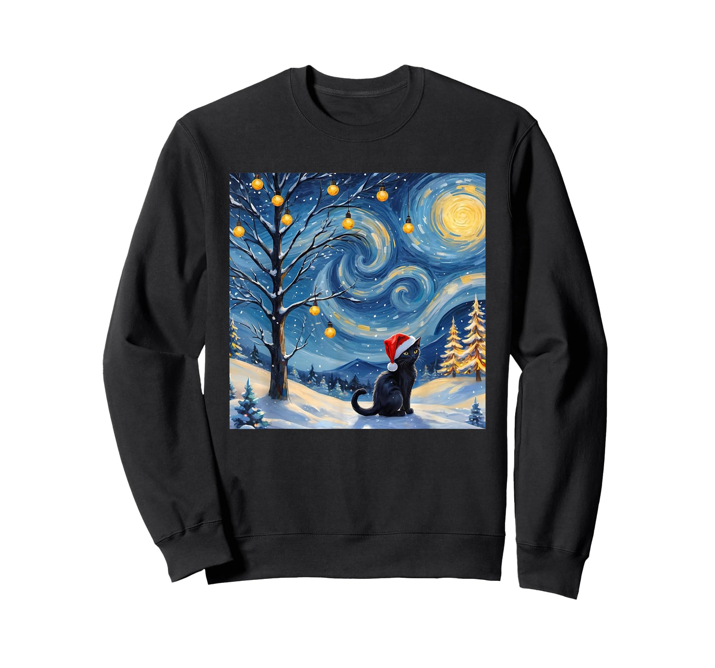 Christmas Van Gogh Starry Night Black Cat Santa Hat Vintage T-Shirt for Men Women Kids