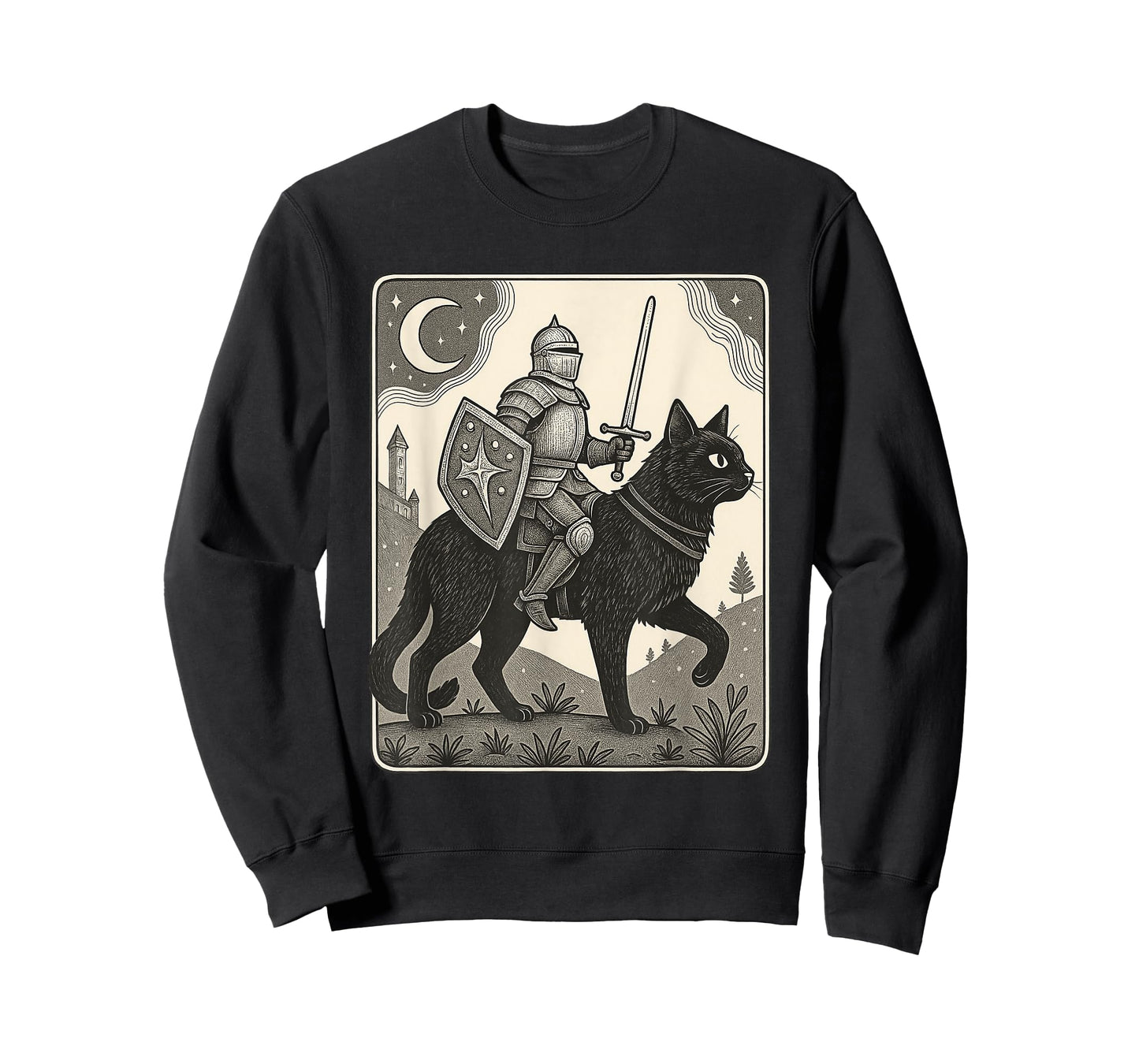 Knight Riding Black Cat Medieval Fantasy Funny Graphic T-Shirt