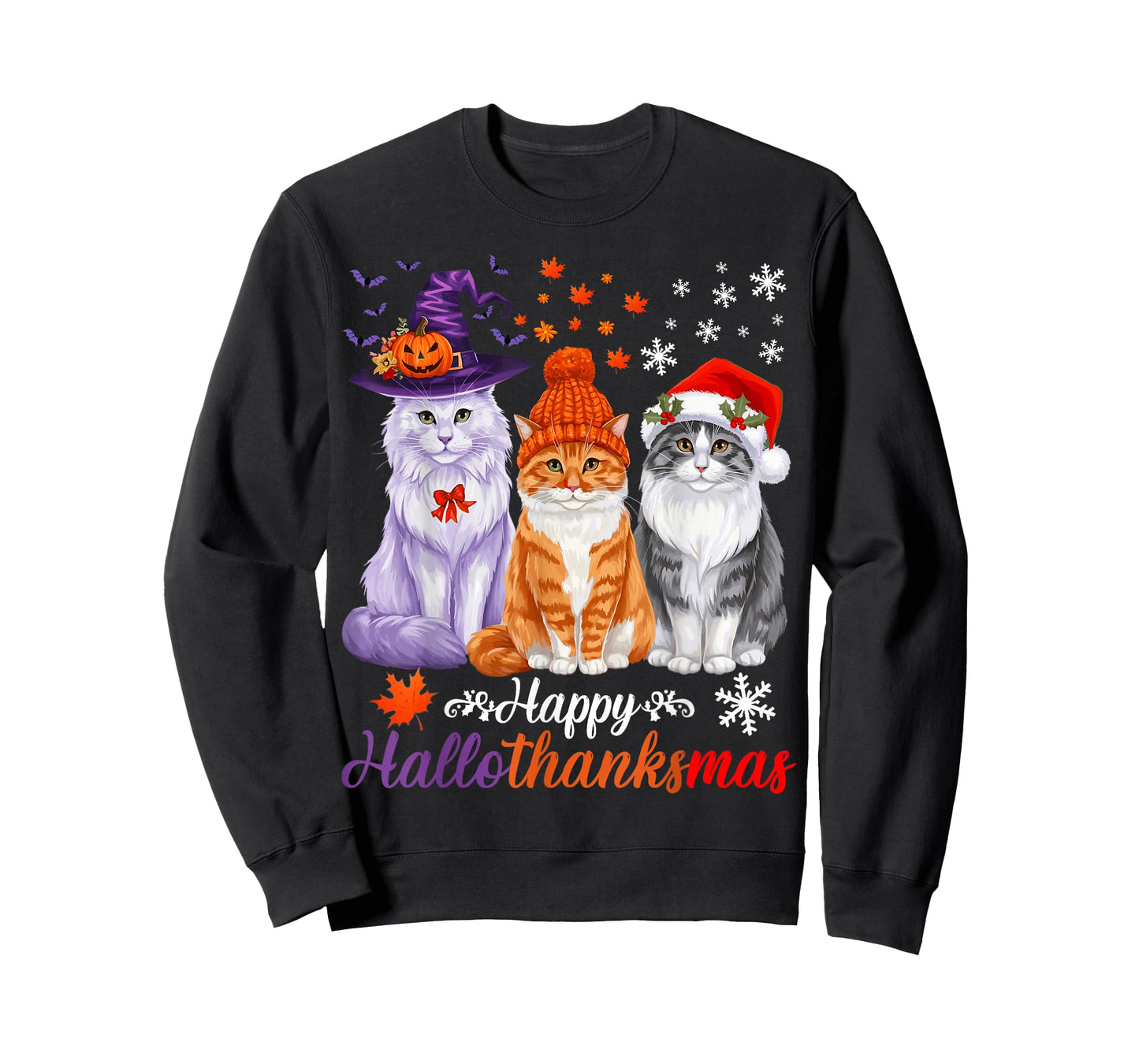Happy HalloThanksMas Cats Halloween Thanksgiving Christmas T-Shirt