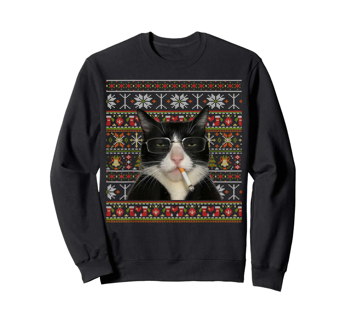 Funny Smoking Cat Meme Christmas Ugly Sweater Cat Lovers T-Shirt