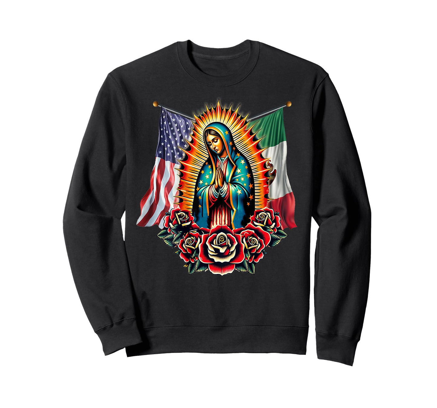 Virgen De Guadalupe Virgin Mary Mexican American Flag T-Shirt