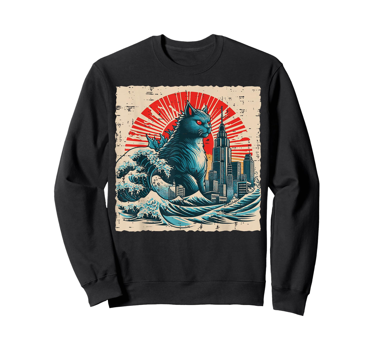 Japanese Cat Monster Great Wave City Ukiyo-e Men Women Kids T-Shirt