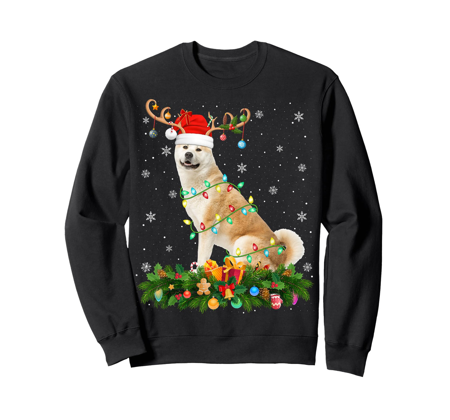 Akita Inu Christmas Lights Reindeer Santa Hat Dog Xmas T-Shirt