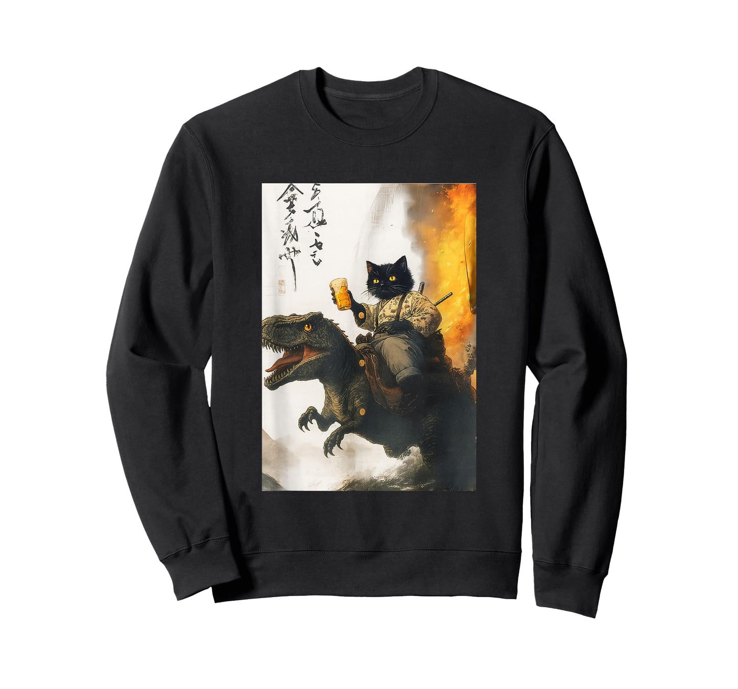 Samurai cat riding dinosaur with beer absurd warrior vibes T-Shirt
