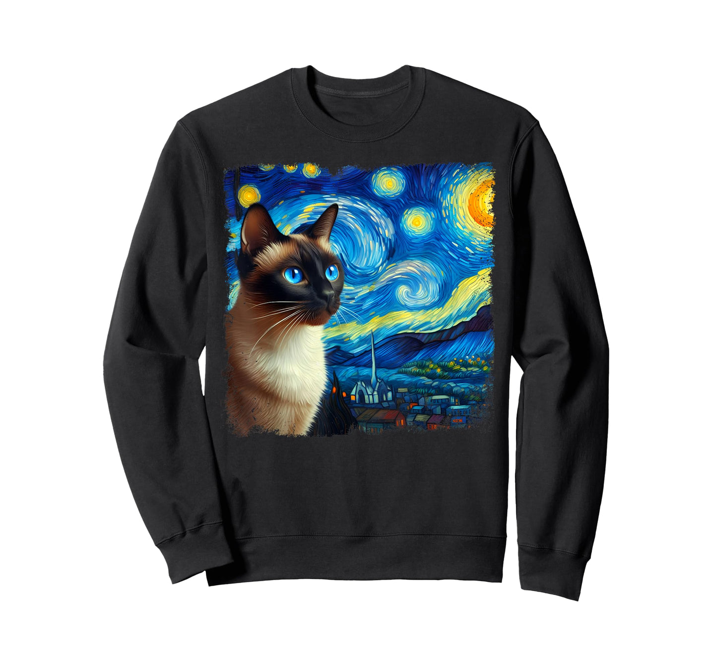 Funny Cute Siamese Cat Starry Night Van Gogh Painting T-Shirt