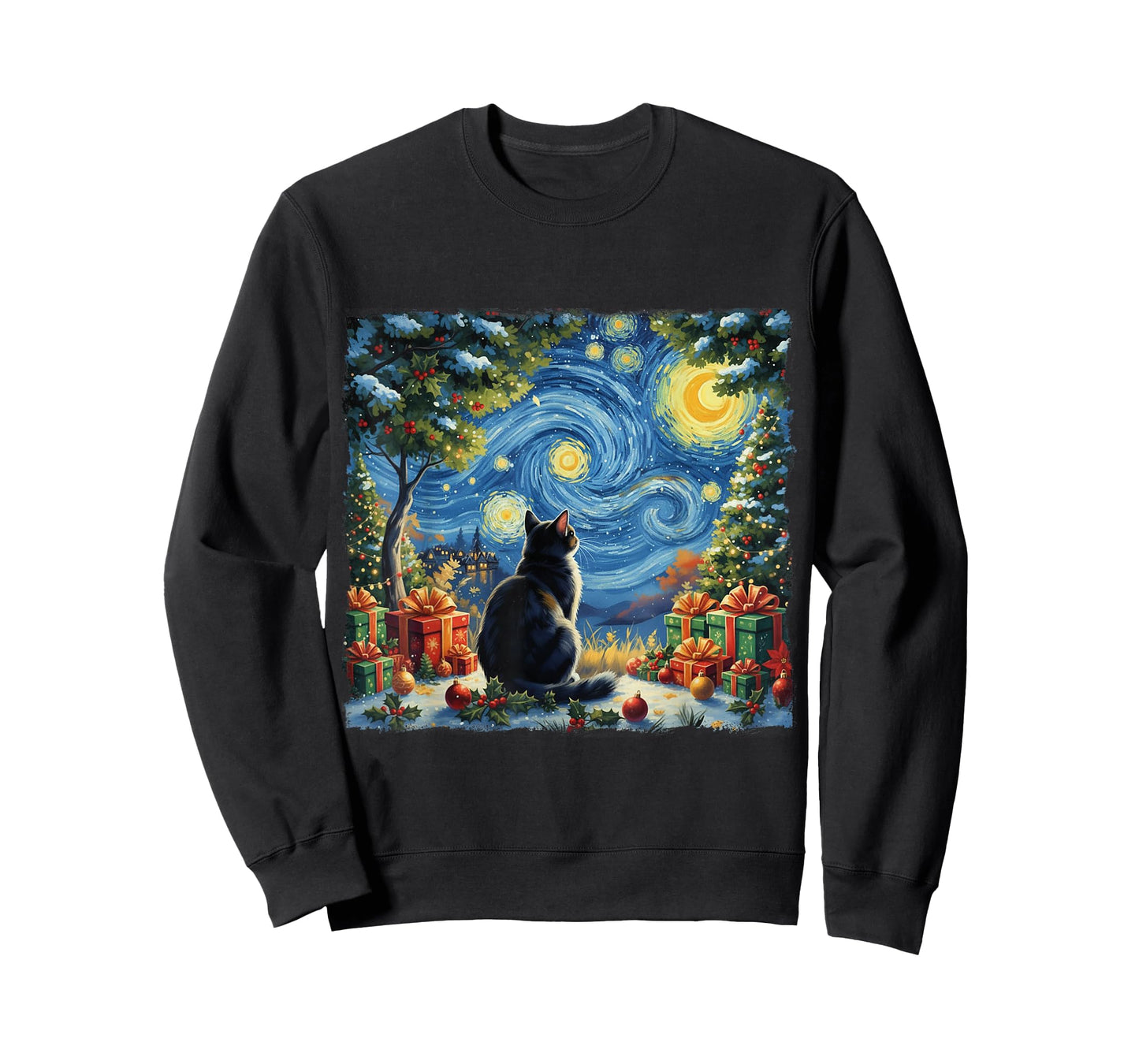 Christmas Cat Starry Night Van Gogh Santa Winter Gift Art T-Shirt