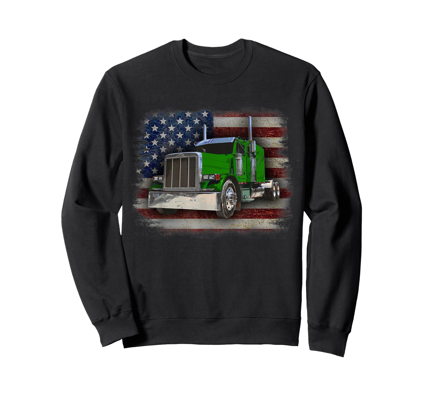 American Flag and Green Big Rig Patriotic Trucker T-Shirt