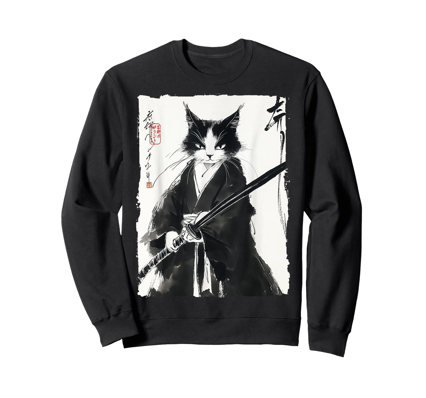 Tuxedo Samurai Cat Japanese Ink Painting Swordsman Gift T-Shirt