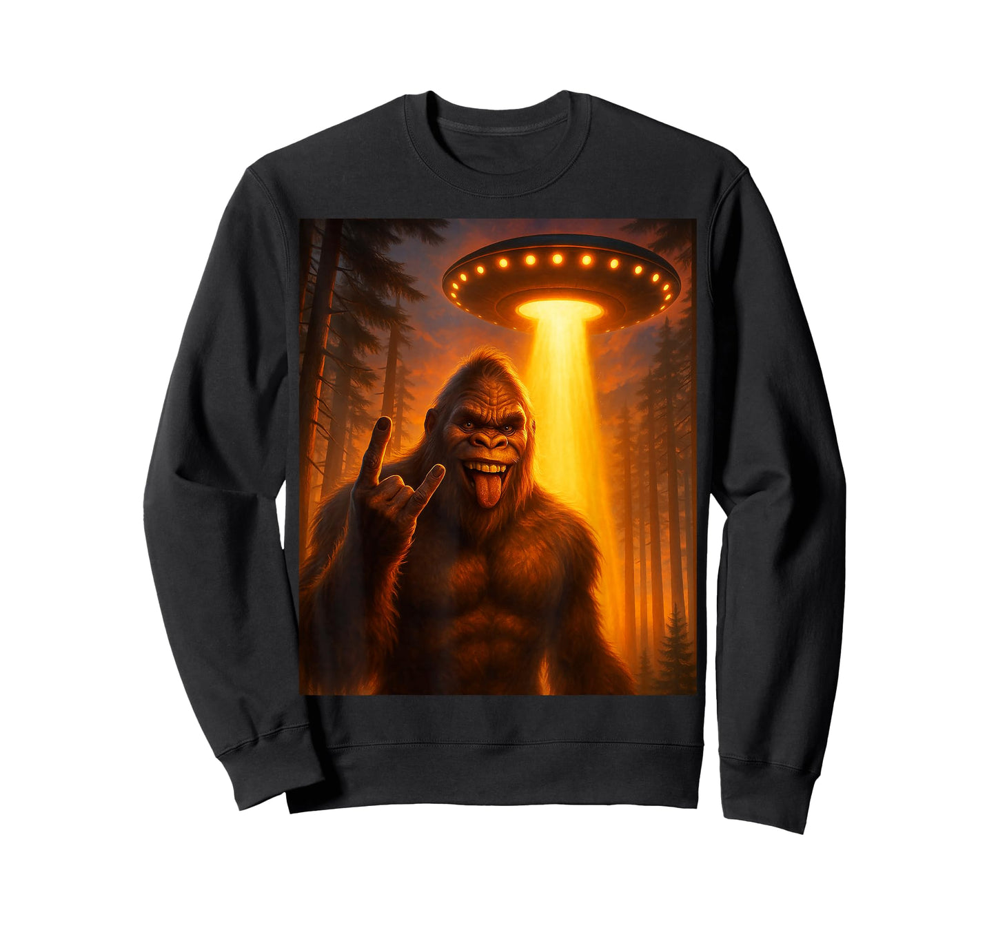 Sasquatch Bigfoot Selfie with UFO Alien Rock On Gift Graphic T-Shirt