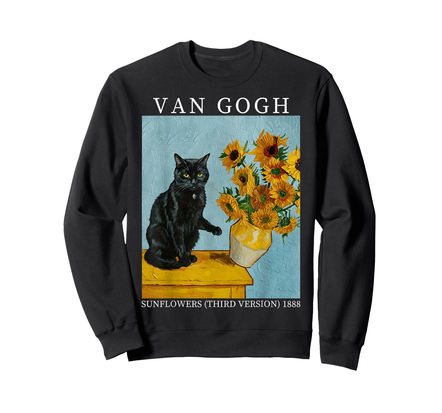 Van Gogh Black Cat With Sunflowers Funny Cat Meme T-Shirt