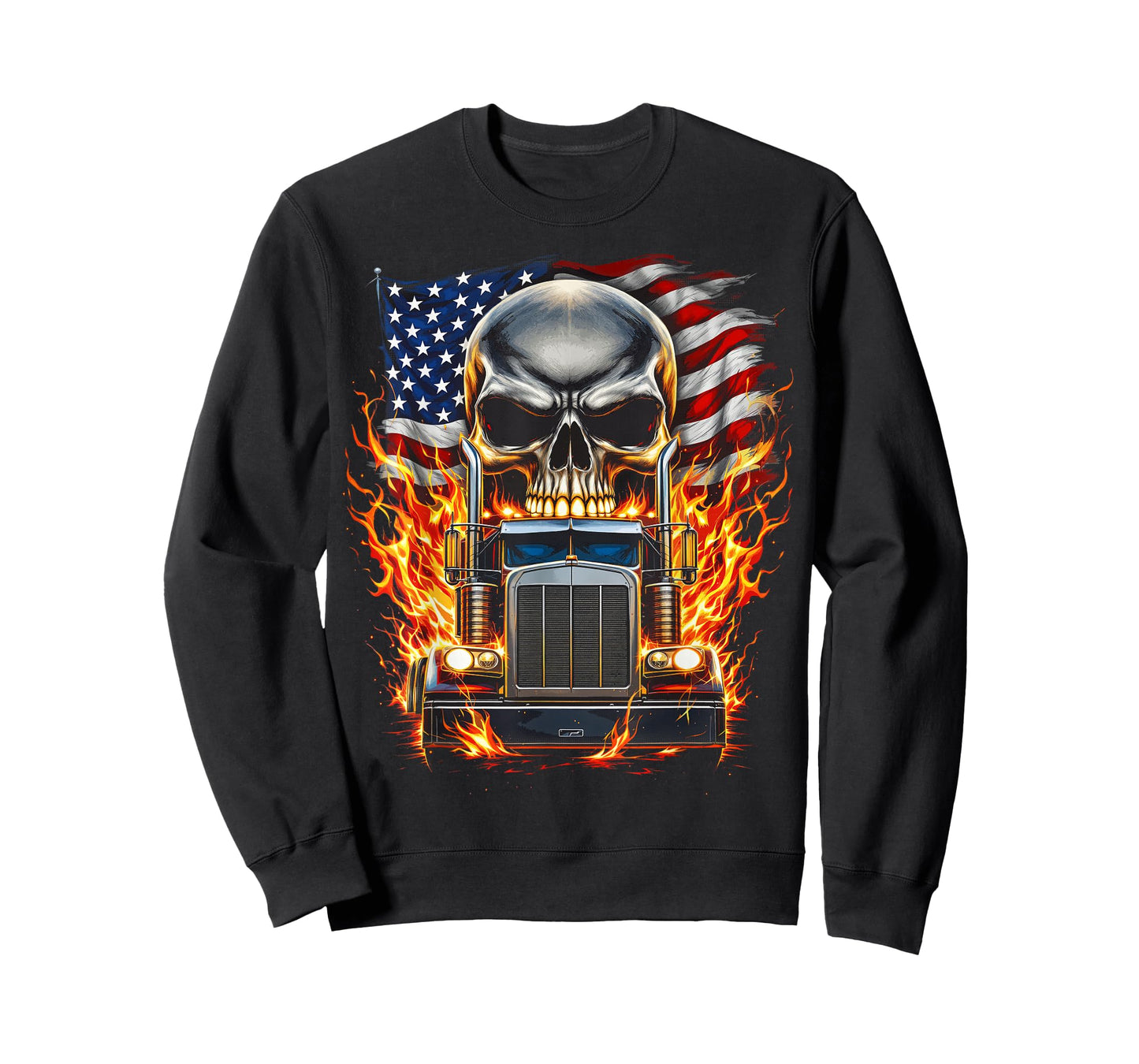 Trucker Patriotic American Flag Semi Truck Driver Skull T-Shirt